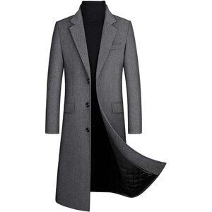 💫 Men Grey Long Sleeve Trench Coat Single Breasted Quilted Cotton Wool Pea Coat
